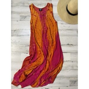 India Cal Style Womens Small Pink Orange Tye Dye Bohemian Midi Sun Dress
